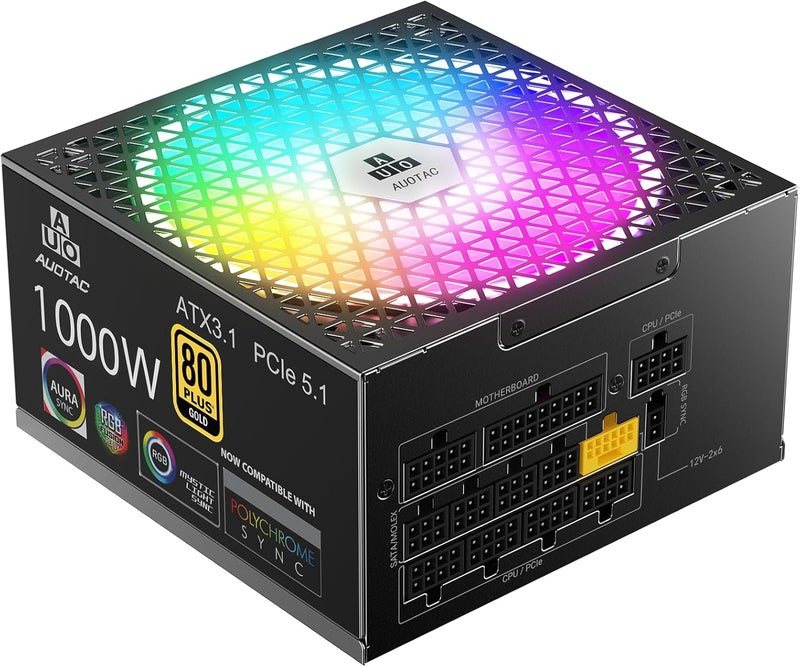 Auotac مزود طاقة 1000 واط بالكامل معتمد 80+ ذهبية مع كابل 12V-2x6 – متوافق مع ATX 3.1 و PCIe 5.1، مروحة ذكية RGB منخفضة الضوضاء 140 مم، مكثفات مصنفة 105℃، سوداء - Image 2